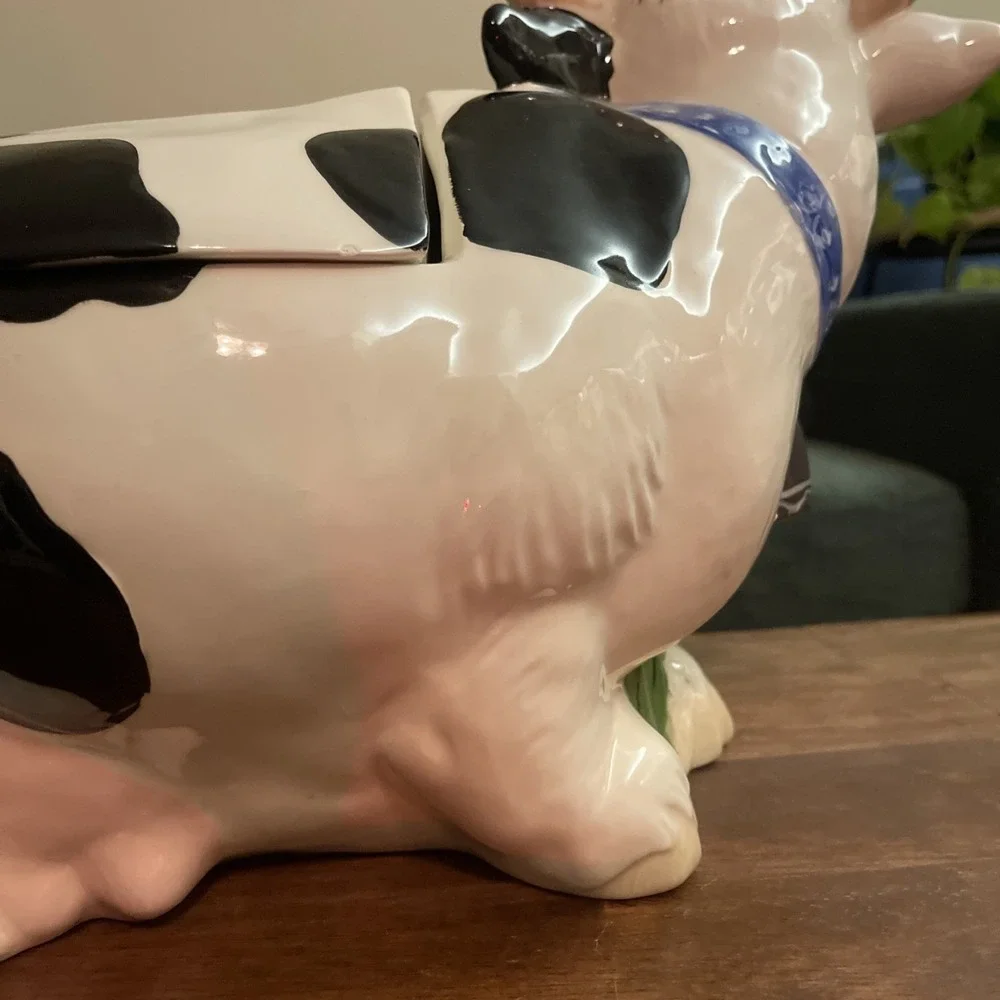 VTG Ceramic Cow Cookie Jar Black White Pink Bow Granny Twin Winton Cottage 16